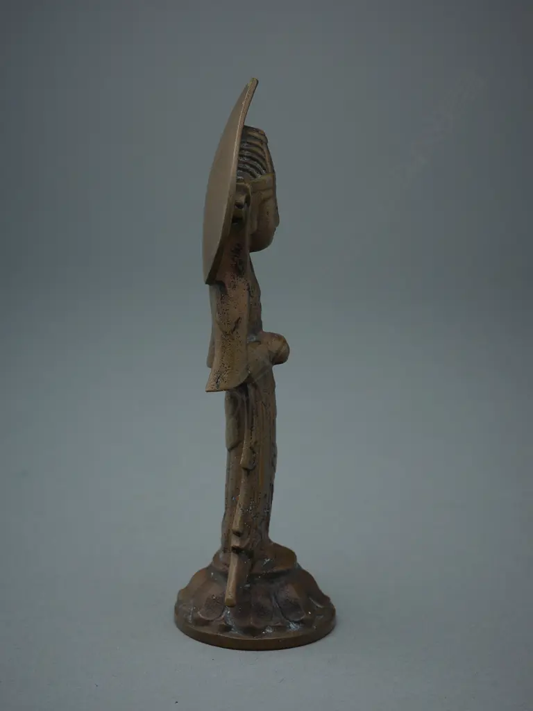 Brass standing figure of Buddha holding peach on lotus base - Tibet/China?, Image 1++